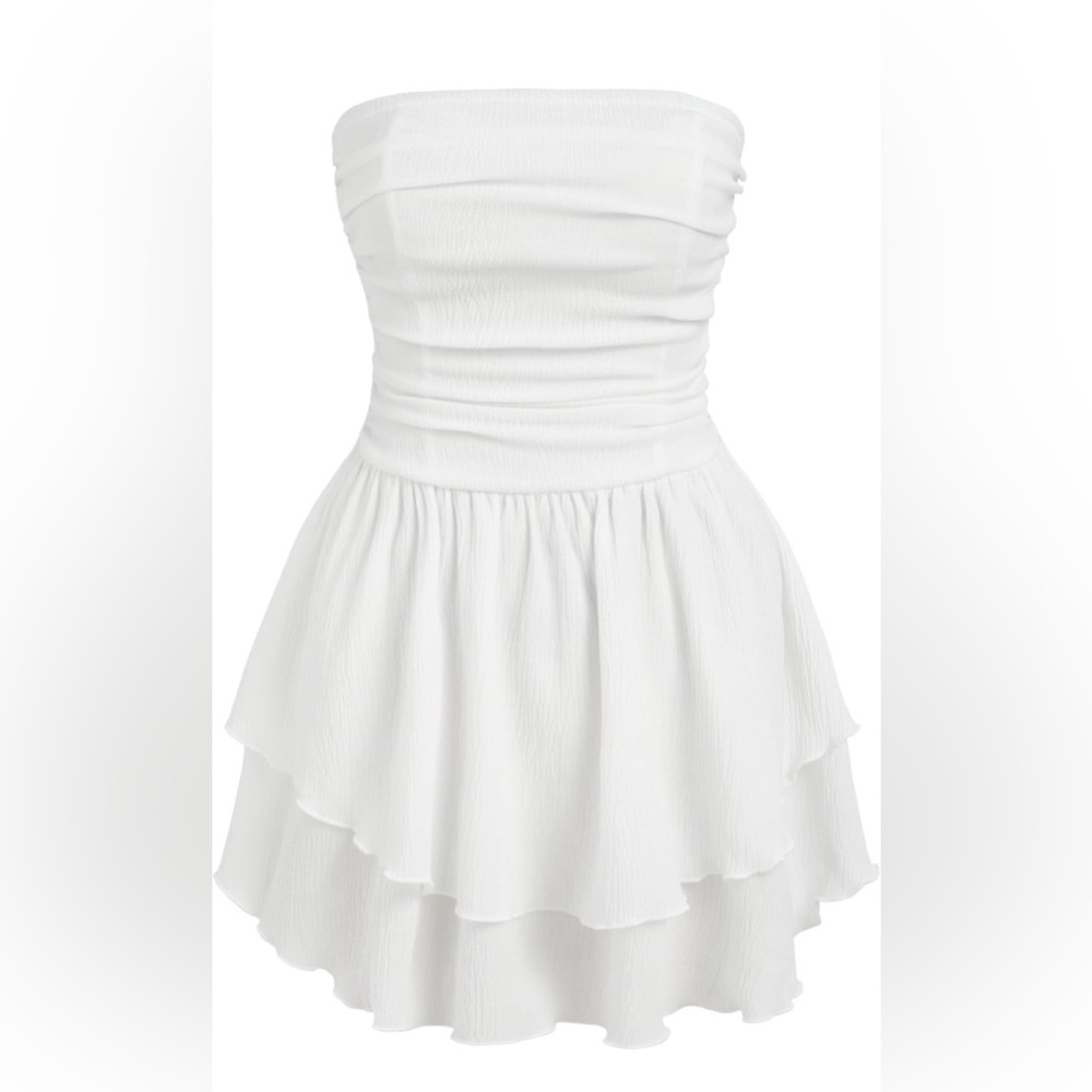 Cider White Strapless Ruffle Mini Dress